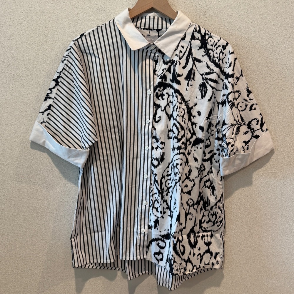 CHICO'S Women Shirt Size 2 Mixed Media Striped Abstract Art to Wear Button Down